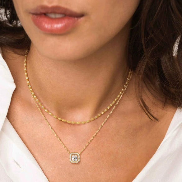 Women's Gold Tone Water Ripple Zircon Necklace Light Luxury Copper Clavicle Chain With Layered Geometric Pendant And Electroplated Finish