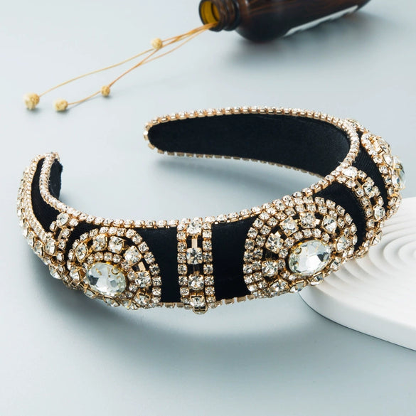 Women's Gold Velvet Rhinestone Glass Crystal Wide Headband Fashion Hair Accessory With Decorative Sparkle