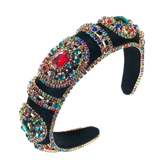 Women's Gold Velvet Rhinestone Glass Crystal Wide Headband Fashion Hair Accessory With Decorative Sparkle