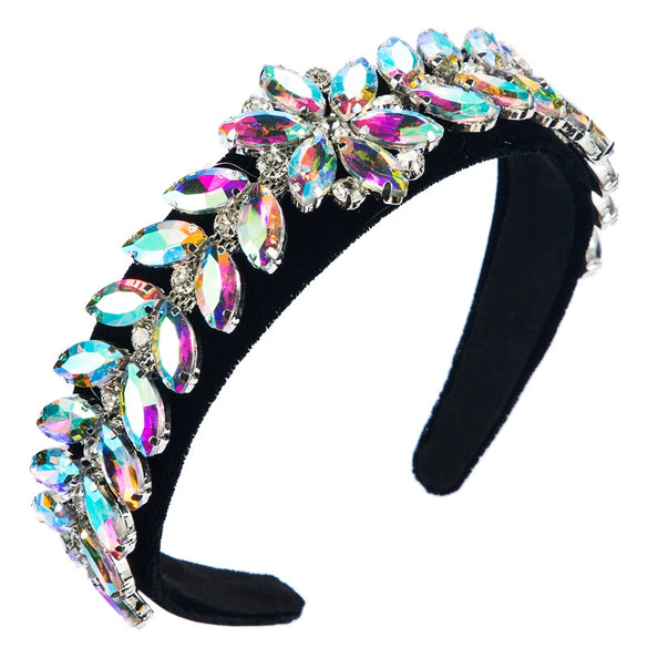 Women's Gold Velvet Wide Headband With Leaf And Flower Rhinestone Design Versatile Elegant Hair Accessory