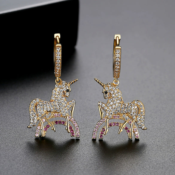 Women's Goldplated Copper Pony Zodiac Earrings With Zircon Inlay And Fashion Animal Design