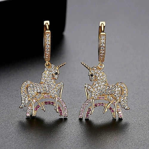 Women's Goldplated Copper Pony Zodiac Earrings With Zircon Inlay And Fashion Animal Design