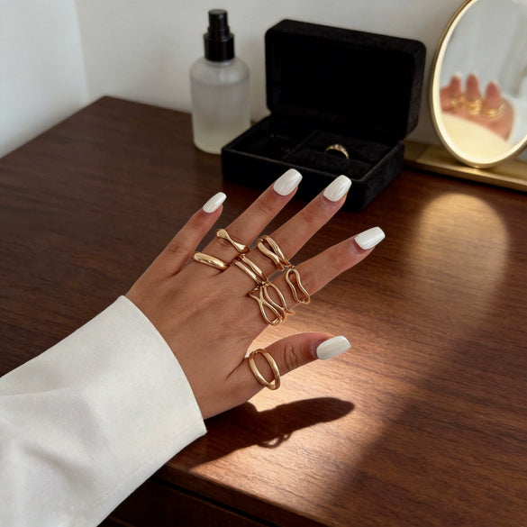Women's Goldplated Geometric Dome Ring Set Polished Minimalist Stackable Open Rings