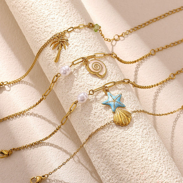 Women's Goldplated Stainless Steel Bracelet With Imitation Pearl Starfish Seashell And Coconut Tree Charms Geometric Design