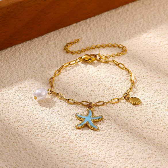 Women's Goldplated Stainless Steel Bracelet With Imitation Pearl Starfish Seashell And Coconut Tree Charms Geometric Design