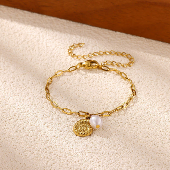 Women's Goldplated Stainless Steel Bracelet With Imitation Pearl Starfish Seashell And Coconut Tree Charms Geometric Design