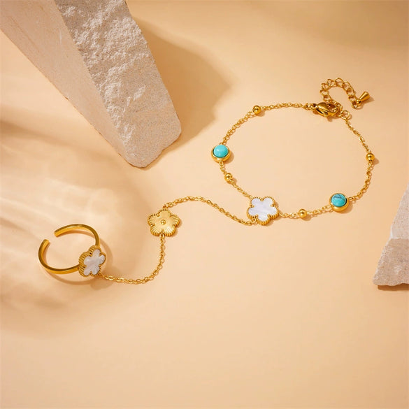 Women's Goldplated Stainless Steel Flower Jewelry Set With Blue Turquoise Accessories Including Chain Bracelet And Ring