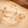 Women's Goldplated Stainless Steel Flower Jewelry Set With Blue Turquoise Accessories Including Chain Bracelet And Ring