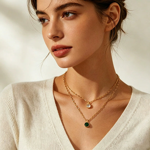 Women's Goldplated Stainless Steel Geometric Oshaped Chain Necklace With Zircon Emerald And White Diamond Accents