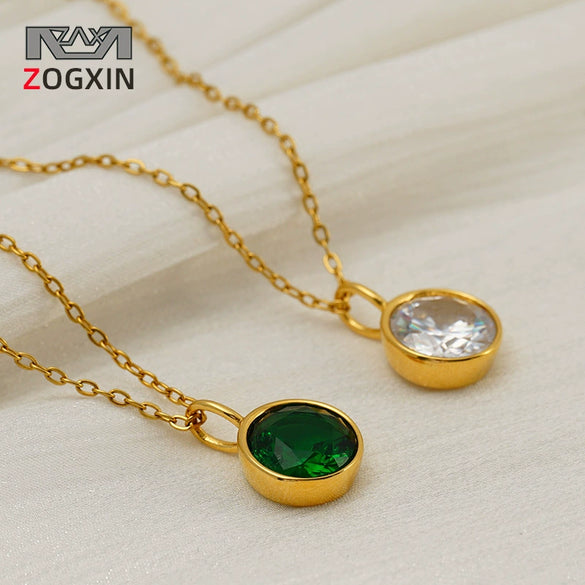 Women's Goldplated Stainless Steel Geometric Oshaped Chain Necklace With Zircon Emerald And White Diamond Accents
