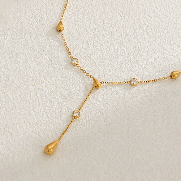 Women's Goldplated Stainless Steel Geometric Teardrop Pendant Yshaped Necklace With Zircon Accents