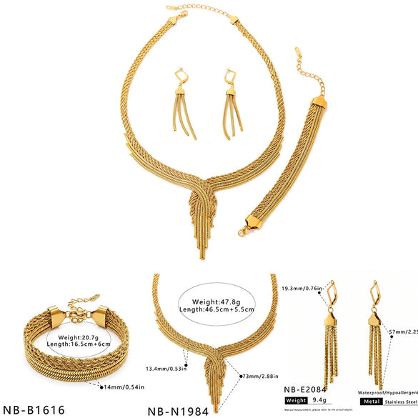 Women's Goldplated Stainless Steel Jewelry Set With Geometric Necklace Bracelet And Earrings For A Simple Trendy Look