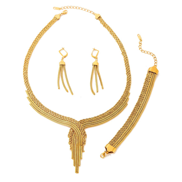 Women's Goldplated Stainless Steel Jewelry Set With Geometric Necklace Bracelet And Earrings For A Simple Trendy Look