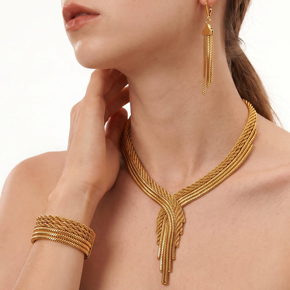 Women's Goldplated Stainless Steel Jewelry Set With Geometric Necklace Bracelet And Earrings For A Simple Trendy Look