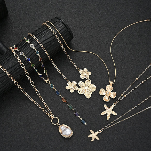 Women's Goldtone Alloy Flower And Star Pendant Necklace With Irregular Tassel Chain Electroplated Layered Design Wholesale