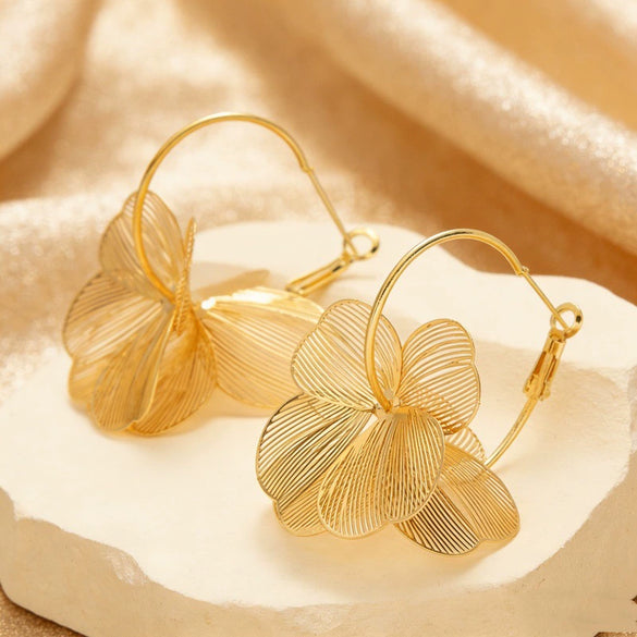 Women's Goldtone Flower Hoop Earrings With Exaggerated Floral Design Electroplated Metal Finish And Stainless Steel Ear Posts Elegant Statement Jewelry