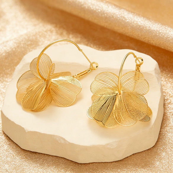 Women's Goldtone Flower Hoop Earrings With Exaggerated Floral Design Electroplated Metal Finish And Stainless Steel Ear Posts Elegant Statement Jewelry