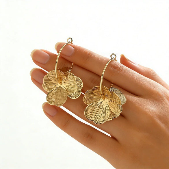 Women's Goldtone Flower Hoop Earrings With Exaggerated Floral Design Electroplated Metal Finish And Stainless Steel Ear Posts Elegant Statement Jewelry