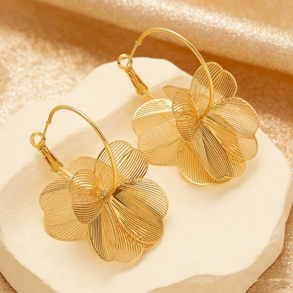 Women's Goldtone Flower Hoop Earrings With Exaggerated Floral Design Electroplated Metal Finish And Stainless Steel Ear Posts Elegant Statement Jewelry