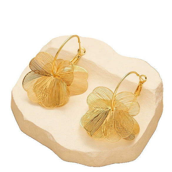 Women's Goldtone Flower Hoop Earrings With Exaggerated Floral Design Electroplated Metal Finish And Stainless Steel Ear Posts Elegant Statement Jewelry