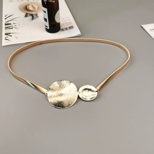 Women's Goldtone Metal Waist Chain Belt With Ring Accents Elastic Fit Buckle Fastening And Statement Body Chain Design
