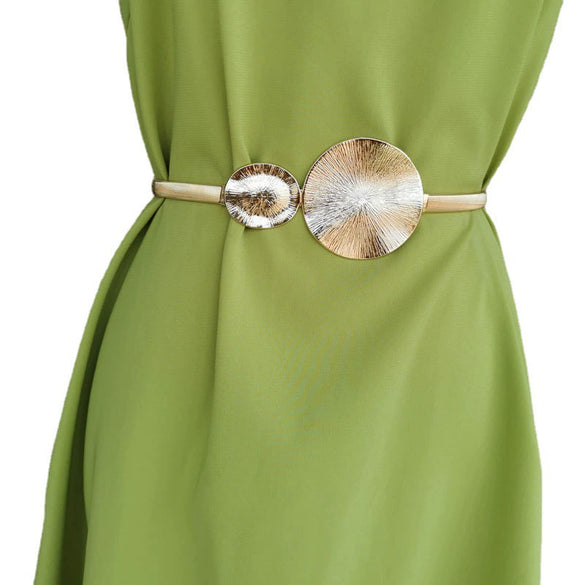Women's Goldtone Metal Waist Chain Belt With Ring Accents Elastic Fit Buckle Fastening And Statement Body Chain Design