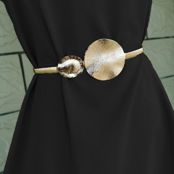 Women's Goldtone Metal Waist Chain Belt With Ring Accents Elastic Fit Buckle Fastening And Statement Body Chain Design