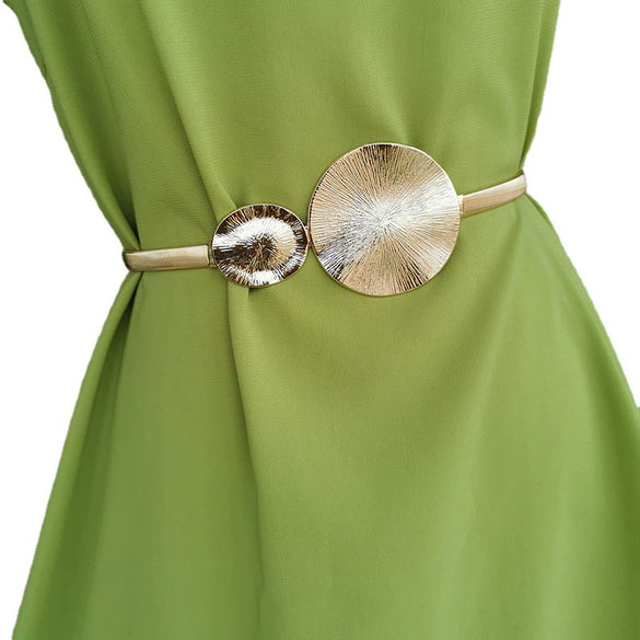 Women's Goldtone Metal Waist Chain Belt With Ring Accents Elastic Fit Buckle Fastening And Statement Body Chain Design