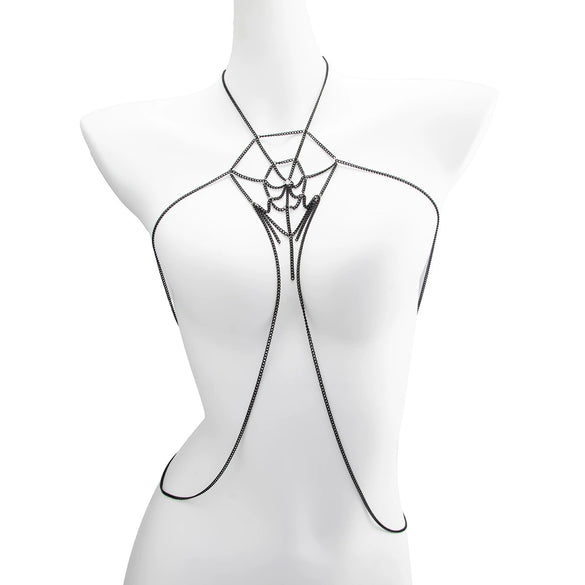 Women's Gothic Spider Web Body Chain With Hollow Mesh Chest Design And Tassel Back Chain Electroplated Iron Jewelry