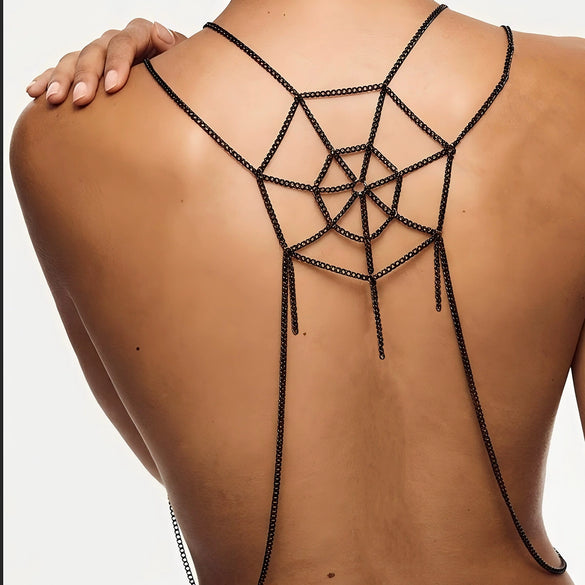 Women's Gothic Spider Web Body Chain With Hollow Mesh Chest Design And Tassel Back Chain Electroplated Iron Jewelry