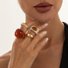 Women's Gradient Amber Resin Alloy Ring Set With Geometric Spiral Stacked Design And Plated Finish