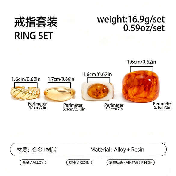 Women's Gradient Amber Resin Alloy Ring Set With Geometric Spiral Stacked Design And Plated Finish