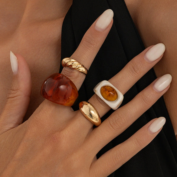 Women's Gradient Amber Resin Alloy Ring Set With Geometric Spiral Stacked Design And Plated Finish