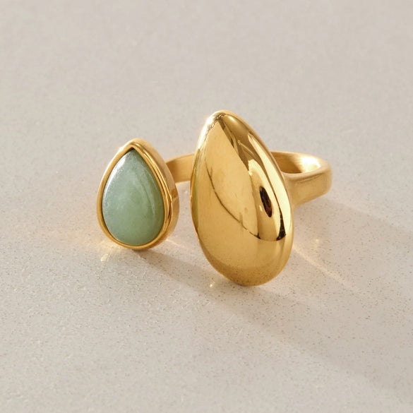 Women's Green Aventurine Stainless Steel Ring With Geometric Teardrop Design Pvd Vacuum Gold Plated Hypoallergenic Jewelry