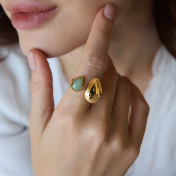 Women's Green Aventurine Stainless Steel Ring With Geometric Teardrop Design Pvd Vacuum Gold Plated Hypoallergenic Jewelry