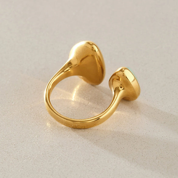 Women's Green Aventurine Stainless Steel Ring With Geometric Teardrop Design Pvd Vacuum Gold Plated Hypoallergenic Jewelry