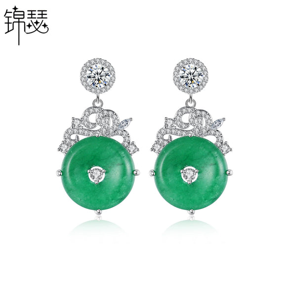 Women's Green Chalcedony Geometric Earrings With Elegant Retro Electroplated Copper Design