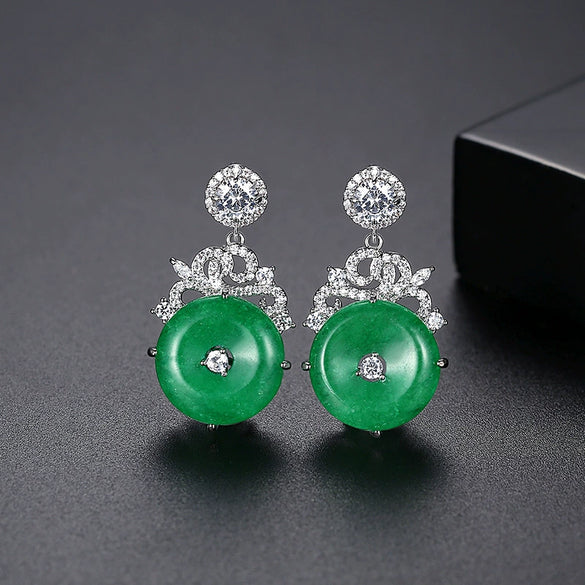 Women's Green Chalcedony Geometric Earrings With Elegant Retro Electroplated Copper Design