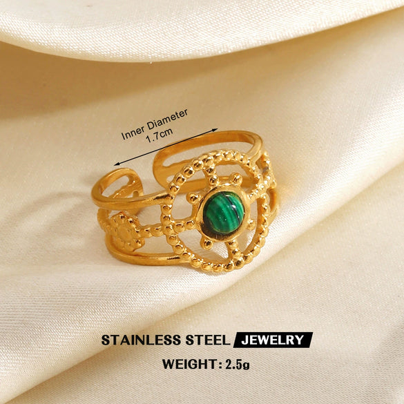 Women's Green Inlaid Stainless Steel Ring With Geometric Line Pattern And Electroplated Non Fading Finish