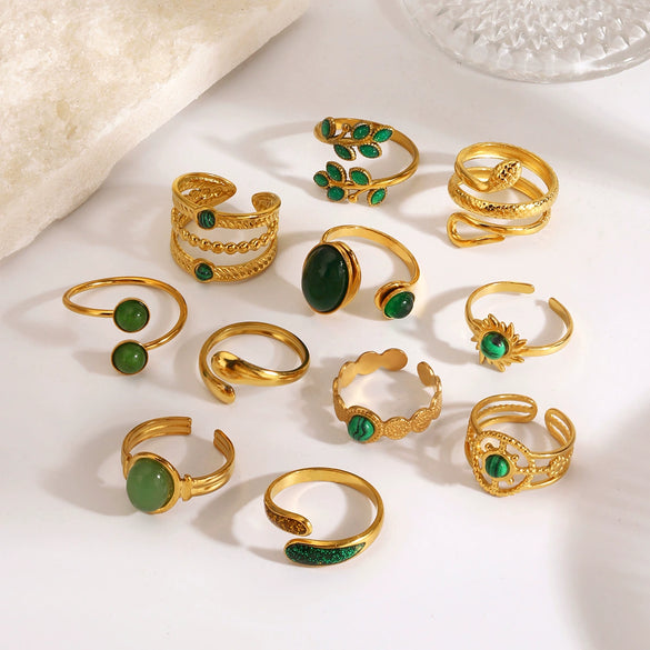 Women's Green Inlaid Stainless Steel Ring With Geometric Line Pattern And Electroplated Non Fading Finish