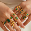 Women's Green Inlaid Stainless Steel Ring With Geometric Line Pattern And Electroplated Non Fading Finish