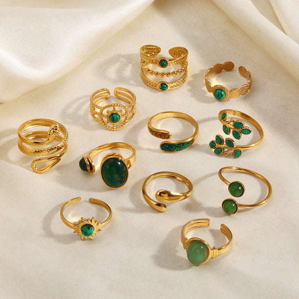 Women's Green Inlaid Stainless Steel Ring With Geometric Line Pattern And Electroplated Non Fading Finish