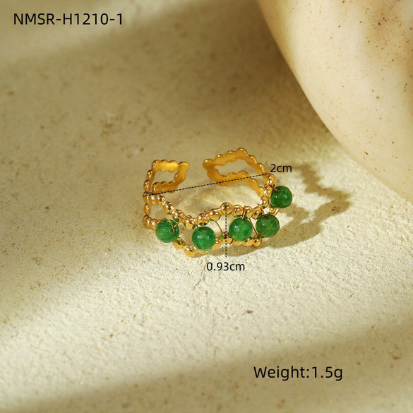 Women's Green Natural Stone Beaded Titanium Steel Ring With Geometric Pattern And Electroplating Treatment Light Luxury Style