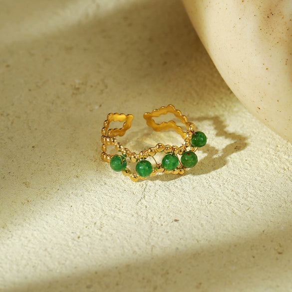 Women's Green Natural Stone Beaded Titanium Steel Ring With Geometric Pattern And Electroplating Treatment Light Luxury Style