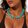 Women's Green Tie Dye Resin Beaded Necklace With Geometric Pendant Handmade Short Necklace With Stainless Steel Details