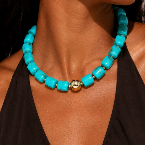 Women's Green Tie Dye Resin Beaded Necklace With Geometric Pendant Handmade Short Necklace With Stainless Steel Details