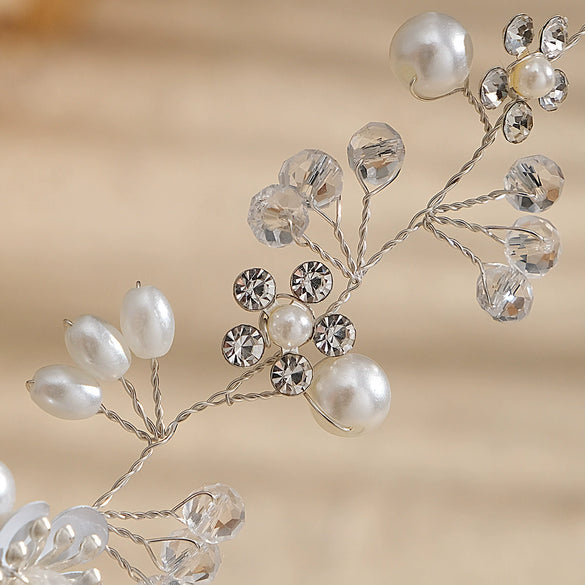 Women's Handmade Alloy Crystal Pearl Flower Headband Simple Beaded Bridal Hair Accessory For Wedding Jewelry