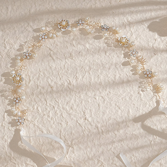 Women's Handmade Alloy Crystal Pearl Flower Headband Simple Beaded Bridal Hair Accessory For Wedding Jewelry