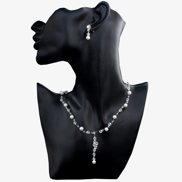 Women's Handmade Alloy Jewelry Set Pearl Necklace And Earrings Two Piece Set With Crystal Heart Water Drop And Bell Pendant