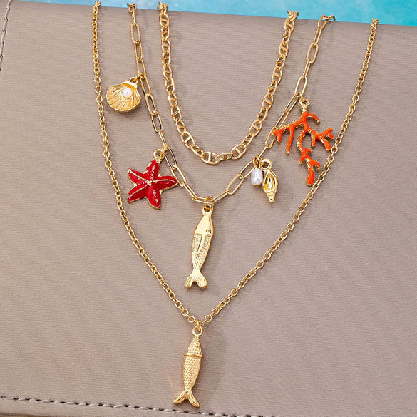 Women’s Handmade Alloy Multilayer Oceanthemed Necklace With Starfish Coral And Small Fish Pendants